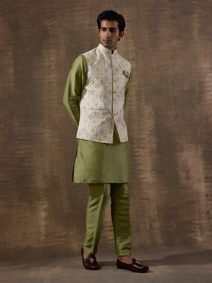 Light Olive Patterned Men's Kurta Set