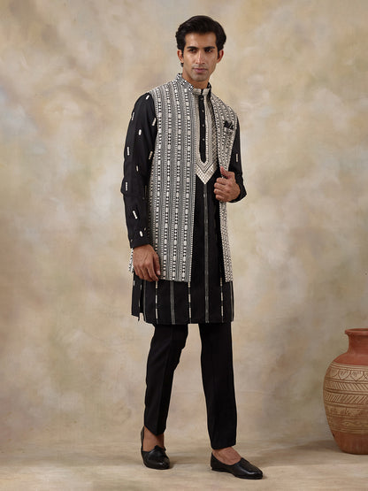 Black Chikankari Embroidered Men's Kurta Set with Long Jacket