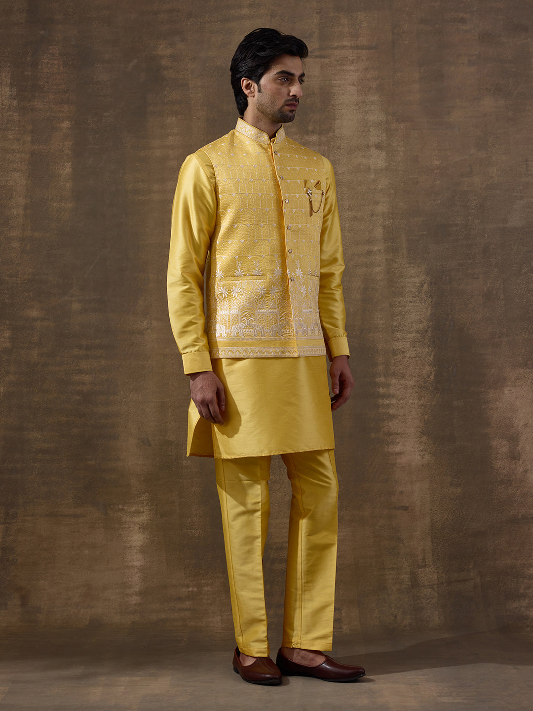 Temple Yellow Embroidered Men's Kurta Set