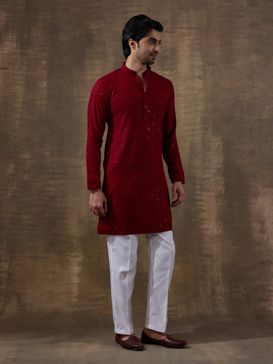 Merry Maroon Chikankari Men's Kurta with Pants