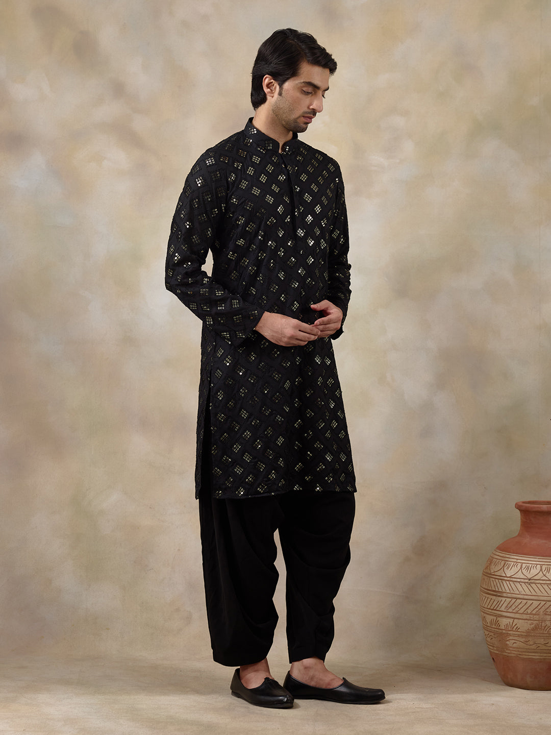 Regal Black Embellished Men's Kurta