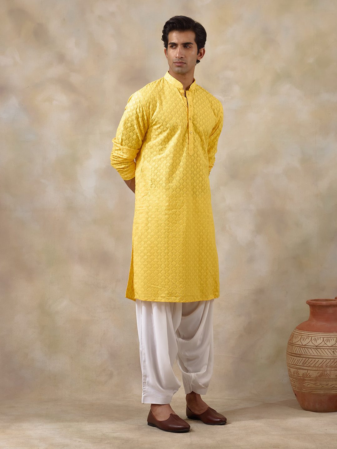 Haldi Yellow Thread Work Men's Kurta with Pants