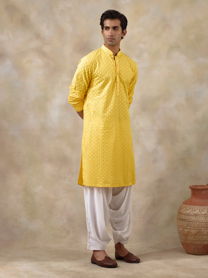 Haldi Yellow Thread Work Men's Kurta with Pants