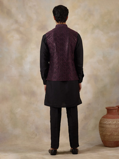 Wine Black Embroidered Men's Kurta Set