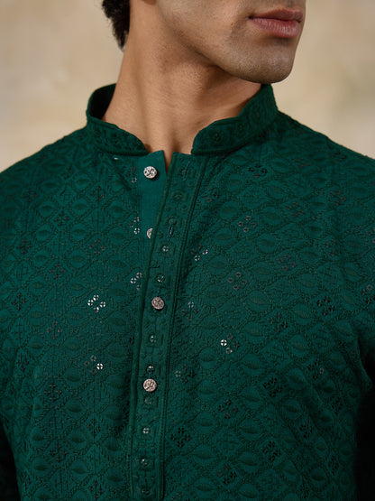 Bottle Green Chikankari Men's Kurta