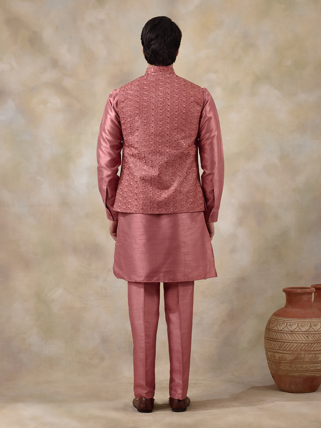 Coral Pink Embroidered Men's Kurta Set