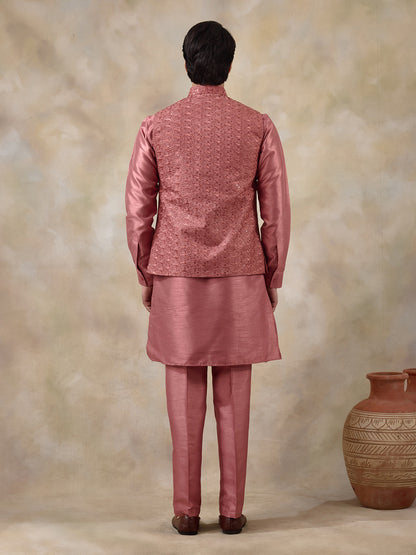 Coral Pink Embroidered Men's Kurta Set