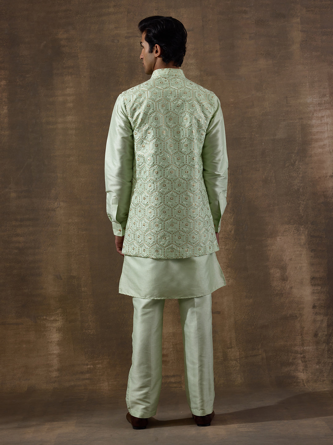 Light Green Geometric Sequinned Men's Kurta Set with Long Jacket