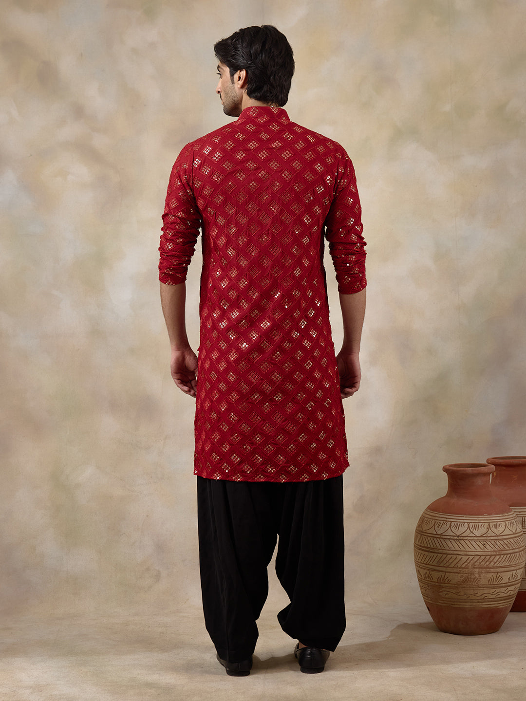 Regal Red Embellished Men's Kurta