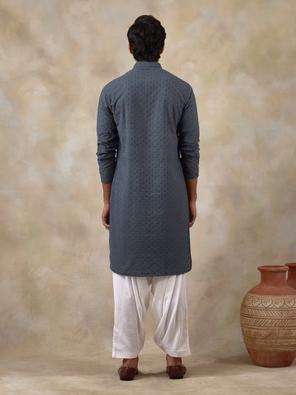 Gracious Grey Thread Work Men's Kurta with Pants