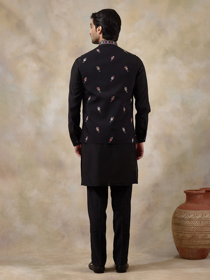 Majestic Black Floral Embroidered Men's Kurta Set with Long Jacket
