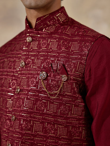 Bright Red Patterned Men's Kurta Set