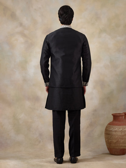 Classic Black Geometric Embroidered Men's Kurta Set with Long Jacket
