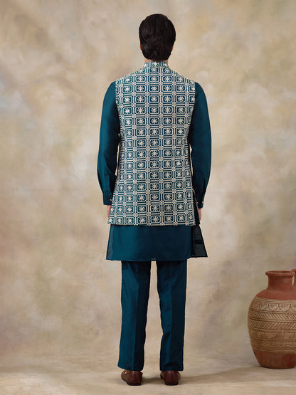 Elegant Turquoise Embroidered Men's Kurta Set with Long Jacket