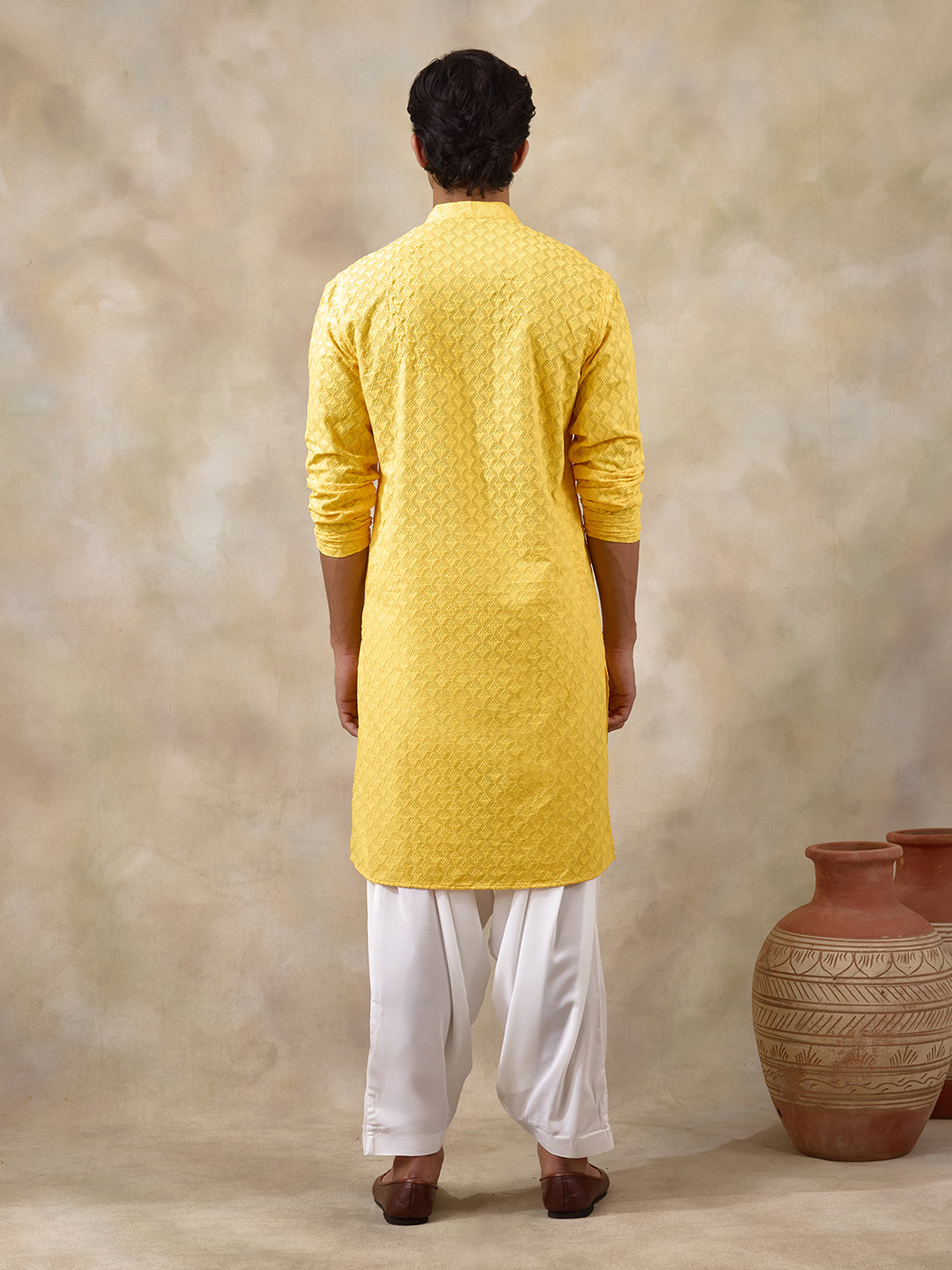 Haldi Yellow Thread Work Men's Kurta with Pants