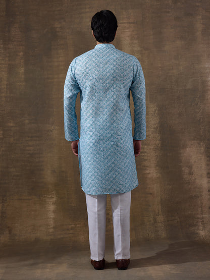 Refined Blue Ethnic Motifs Printed Men's Kurta