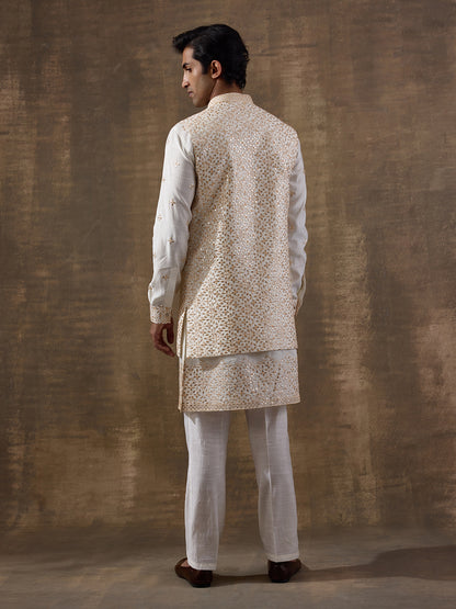 Starry White Mirrored Men's Kurta Set with Long Jacket