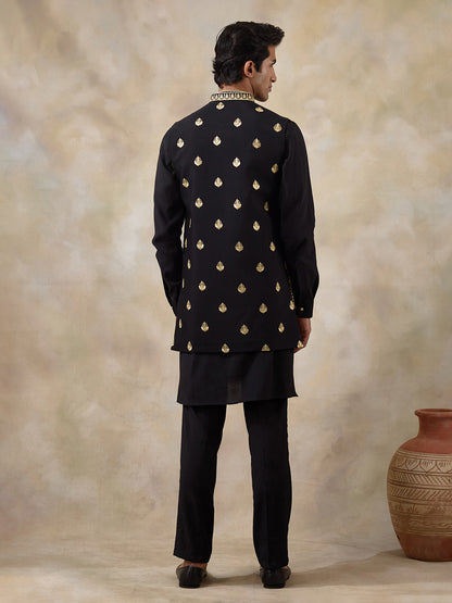 Royal Black Aari Embroidered Men's Kurta Set with Long Jacket