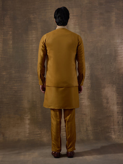Deep Mustard Temple Embroidered Men's Kurta Set with Long Jacket