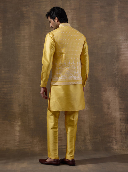 Temple Yellow Embroidered Men's Kurta Set