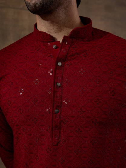 Merry Maroon Chikankari Men's Kurta with Pants