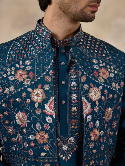 Azure Turquoise Floral Embroidered Men's Kurta Set with Long Jacket