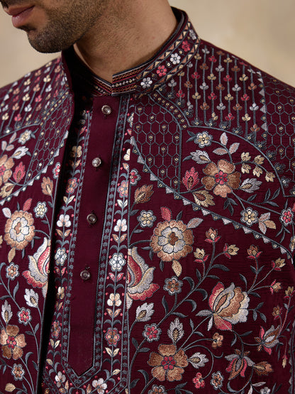 Deep Wine Floral Embroidered Men's Kurta Set with Long Jacket