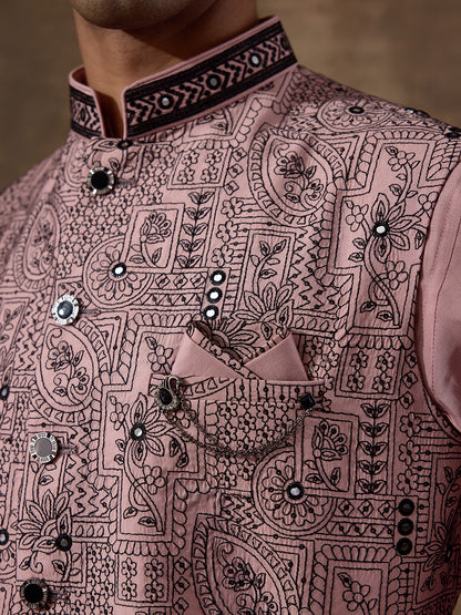 Peach Black Embroidered Men's Kurta Set