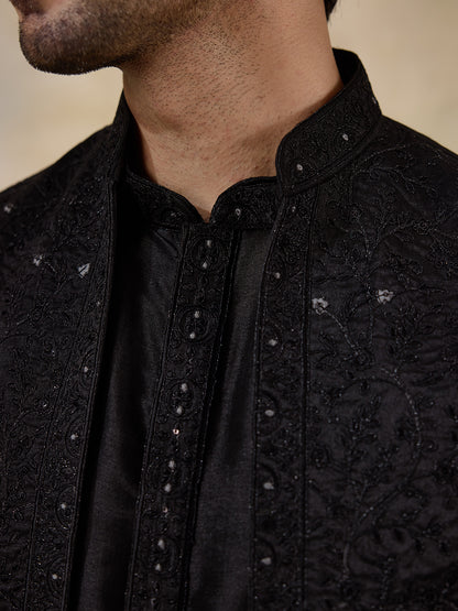 Midnight Black Sequinned Men's Kurta Set with Long Jacket
