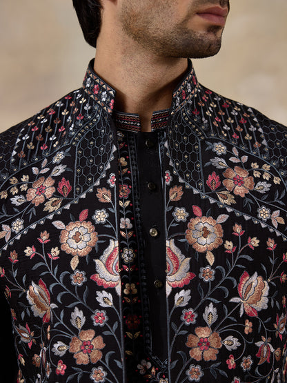 Majestic Black Floral Embroidered Men's Kurta Set with Long Jacket
