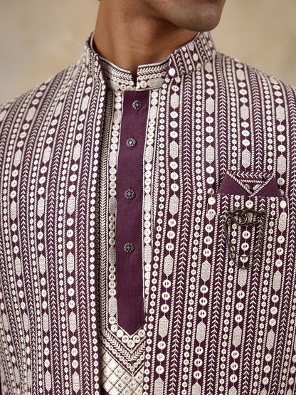Purple Chikankari Embroidered Men's Kurta Set with Long Jacket