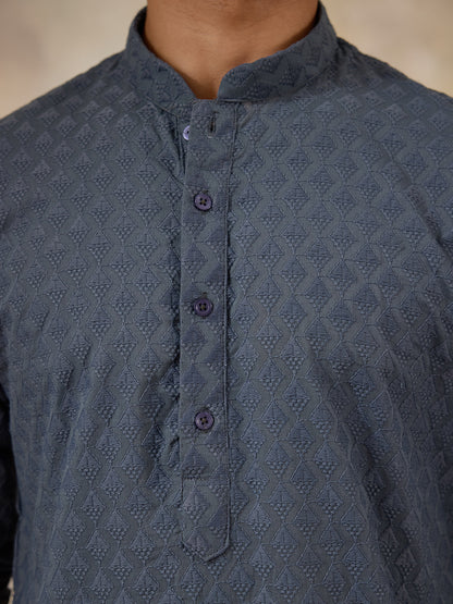Gracious Grey Thread Work Men's Kurta with Pants