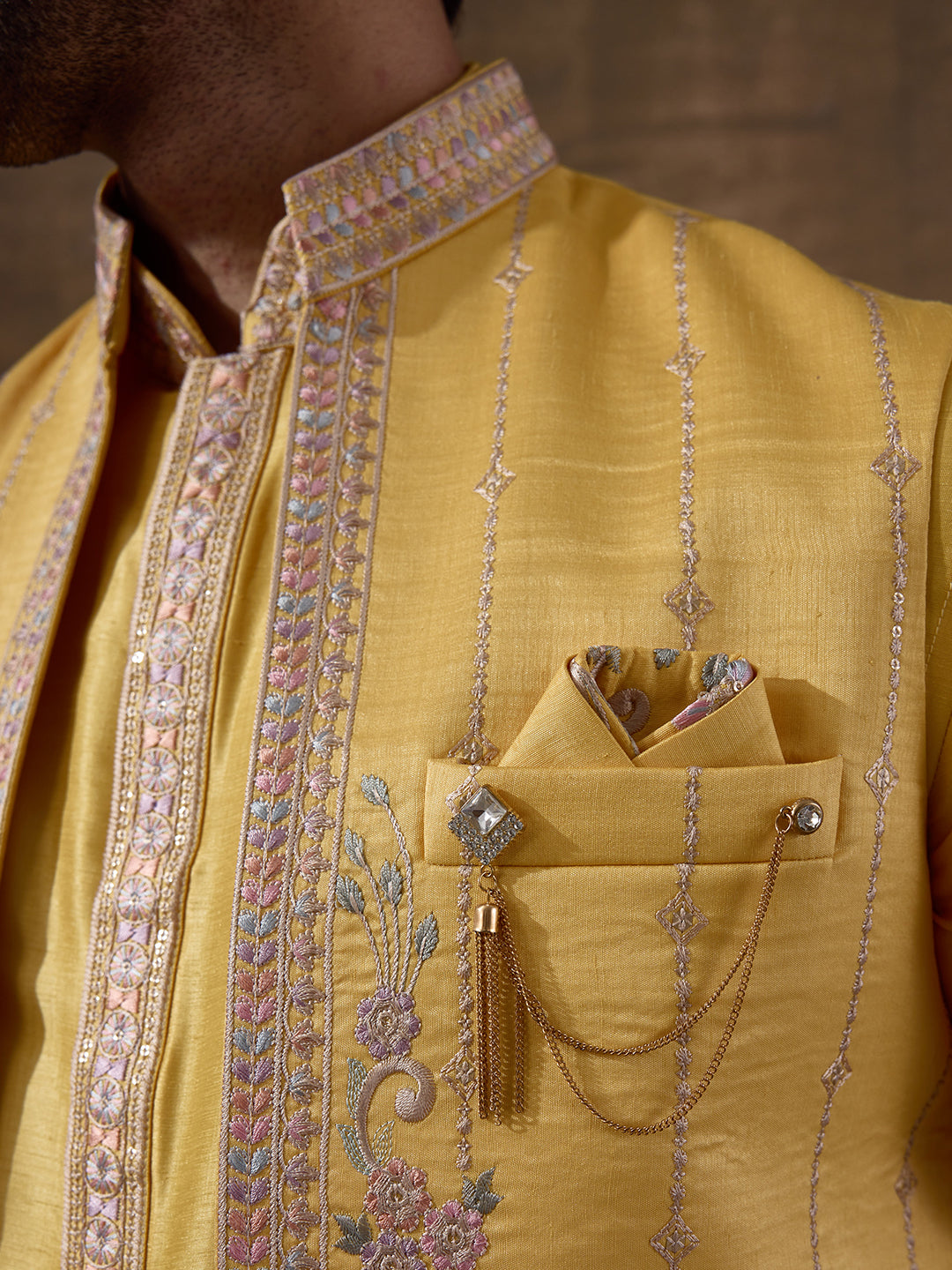 Sunshine Yellow Elephant Motifs Embroidered Kurta Set with Long Jacket