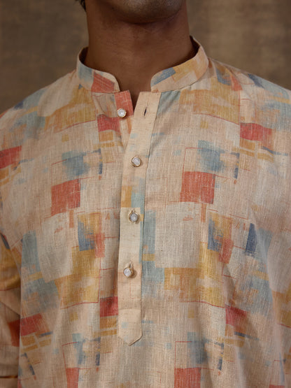 Light Yellow Abstract Printed Men's Kurta