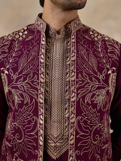 Wine Purple Bird Embroidered Men's Kurta Set with Long Jacket
