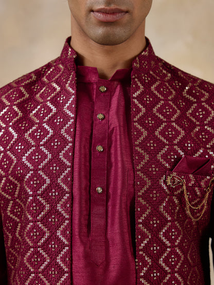 Deep Wine Sequinned Men's Kurta Set with Long Jacket