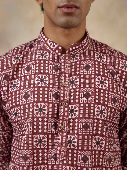 Radiant Maroon Batik Printed Men's Kurta