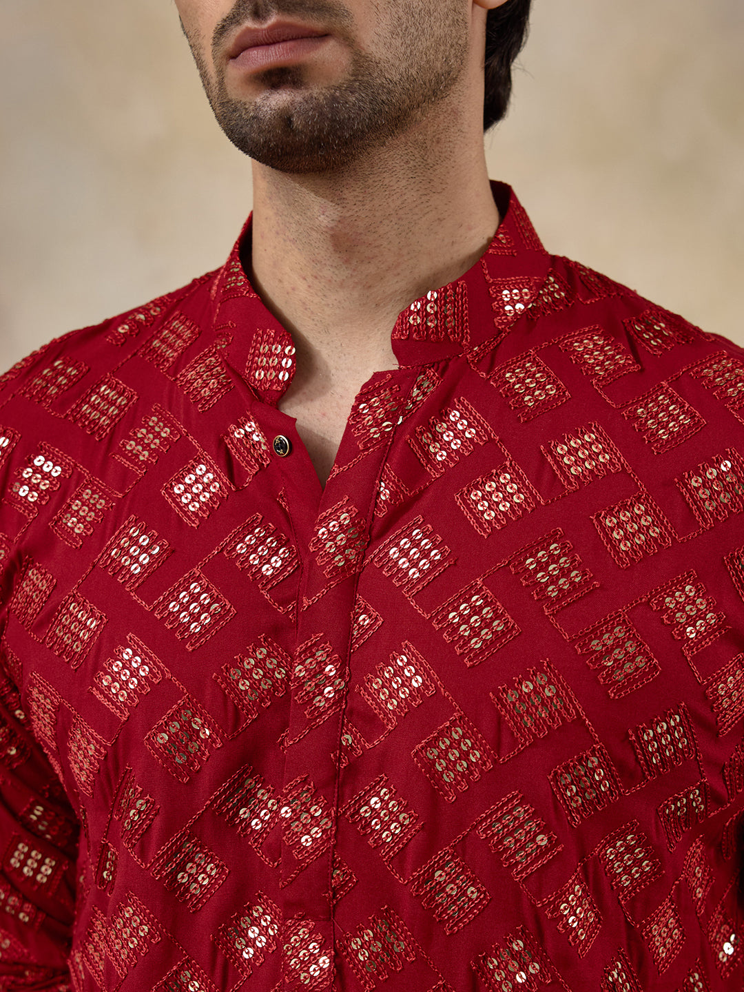 Regal Red Embellished Men's Kurta
