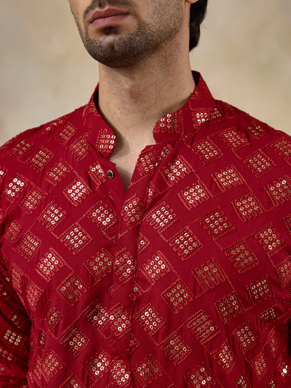 Regal Red Embellished Men's Kurta