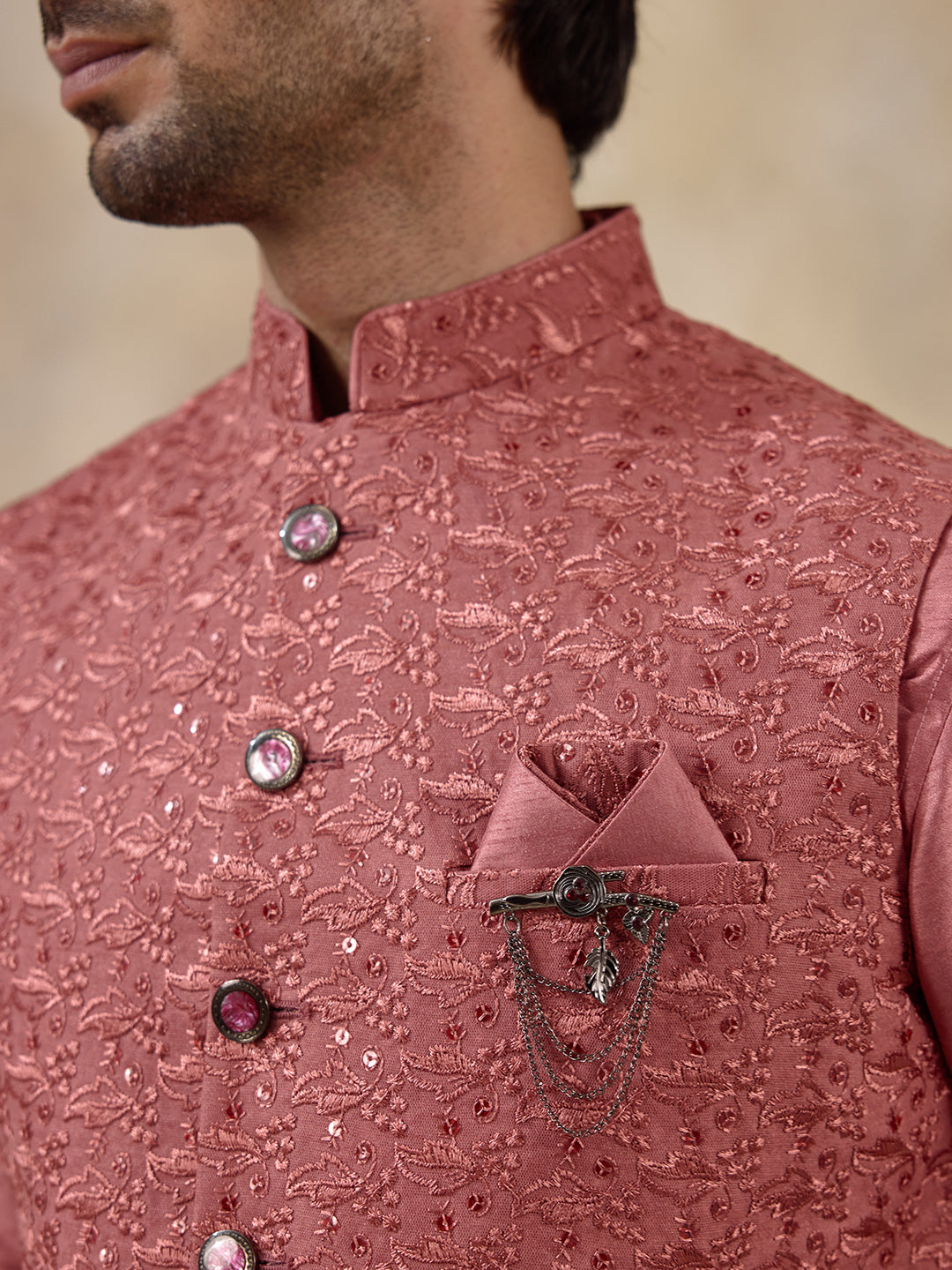 Coral Pink Embroidered Men's Kurta Set