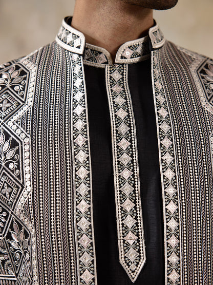 Classic Black Geometric Embroidered Men's Kurta Set with Long Jacket