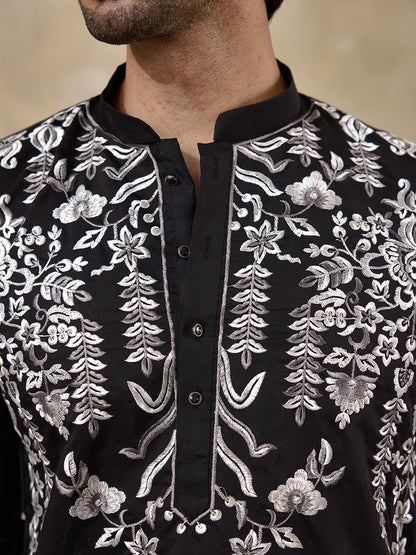Majestic Black Aari Embroidered Men's Kurta