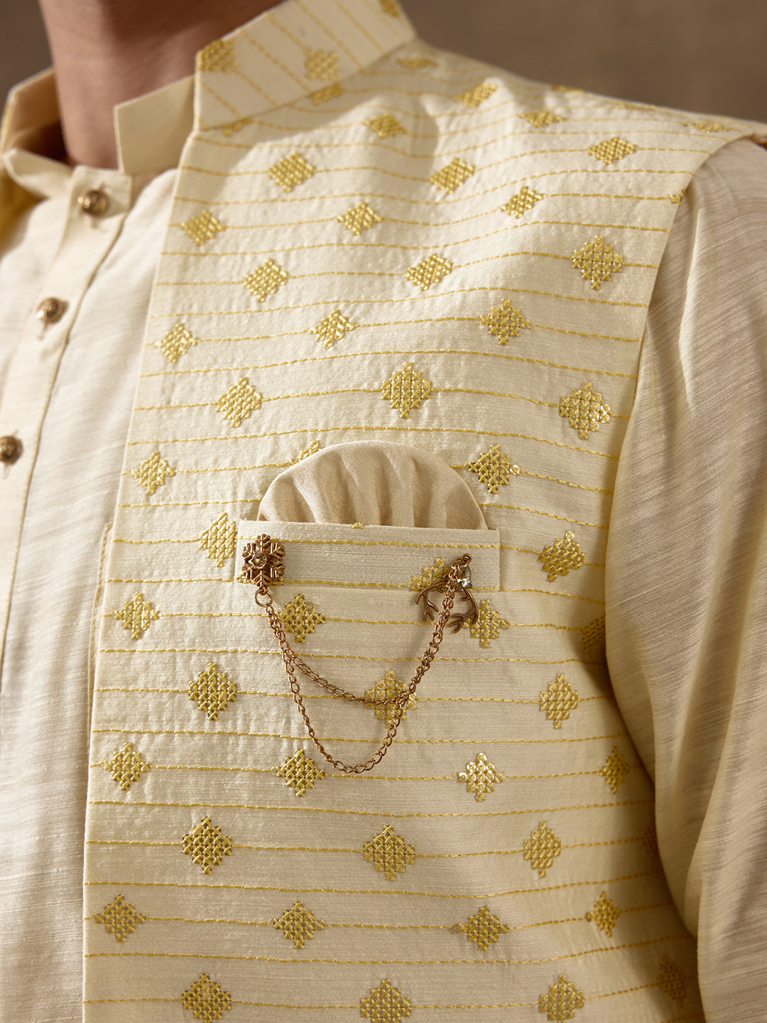 Lemon Ethnic Motifs Men's Kurta Set with Long Jacket