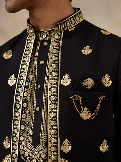 Royal Black Aari Embroidered Men's Kurta Set with Long Jacket