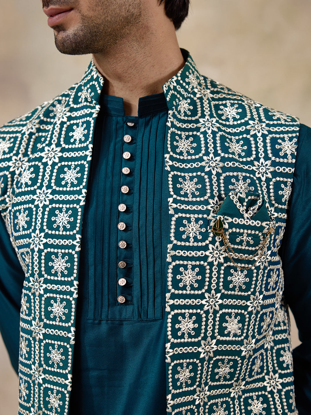 Elegant Turquoise Embroidered Men's Kurta Set with Long Jacket