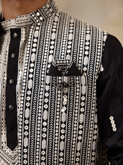 Black Chikankari Embroidered Men's Kurta Set with Long Jacket