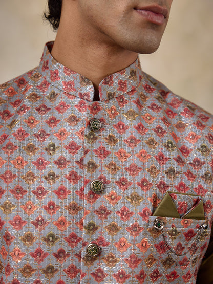 Mehendi Multicolour Patterned Men's Kurta Set