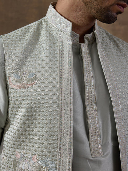 Pastel Green Elephant Motifs Embroidered Men's Kurta Set with Long Jacket