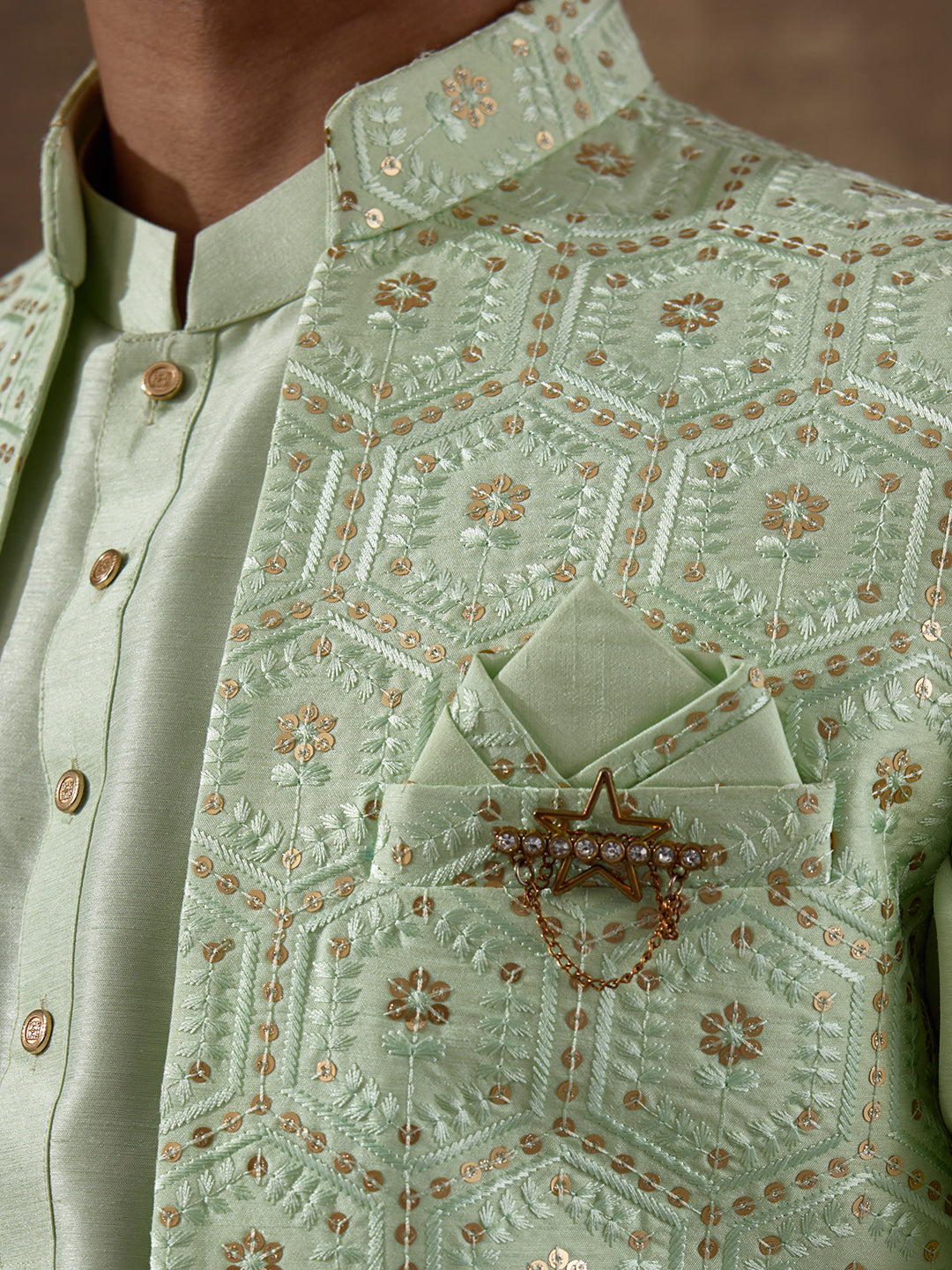 Light Green Geometric Sequinned Men's Kurta Set with Long Jacket