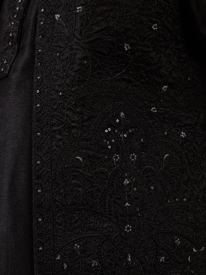 Midnight Black Sequinned Men's Kurta Set with Long Jacket